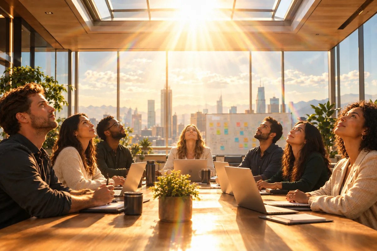 Sunlight streaming through a skylight into a glass-walled office meeting room at midday, a team around a conference table looking up from their laptops toward the light, with faint rainbow edges on the rays and a city skyline beyond the windows.
