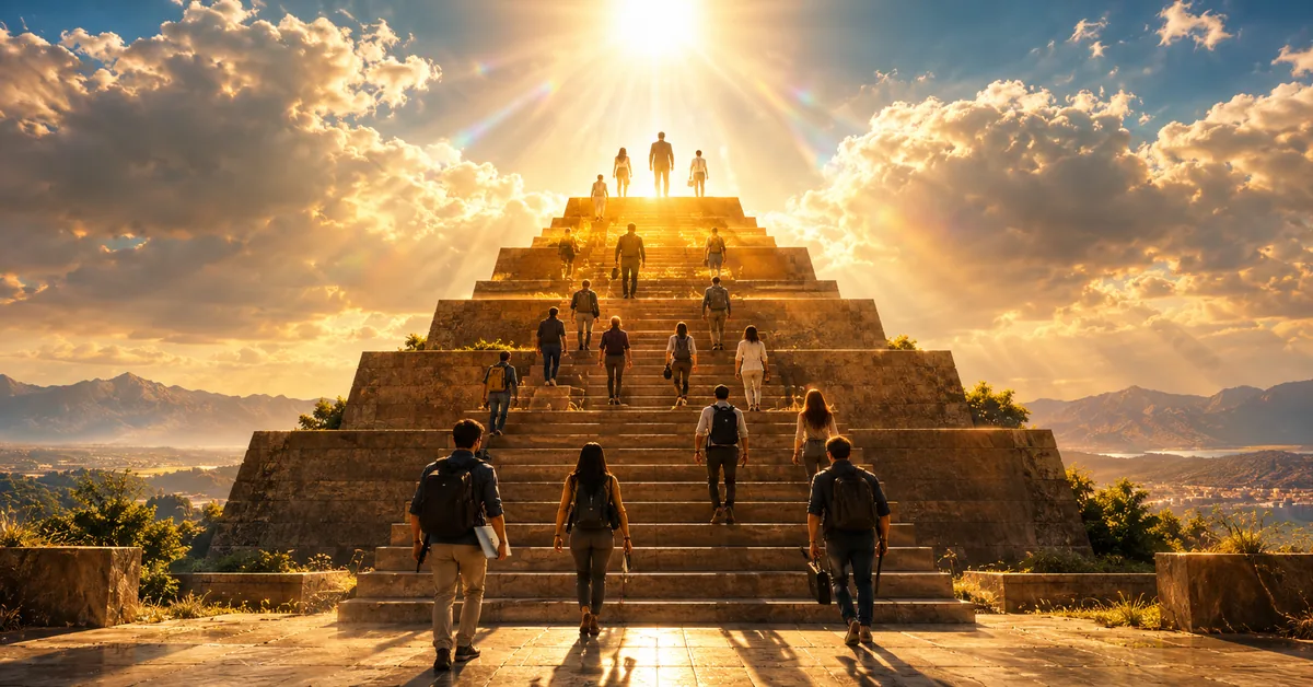 A glowing golden Maslow's hierarchy of needs pyramid rising in a sunlit plaza at high noon, with people climbing toward the radiant sun at its peak.